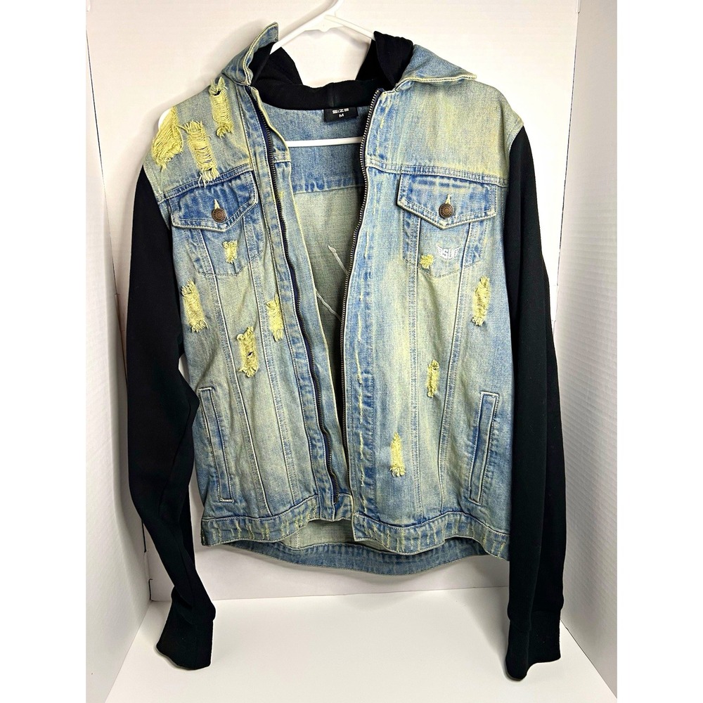 SIZE UP Men's Hooded Distressed Denim Jacket Blue/Black, Size M, Button Front